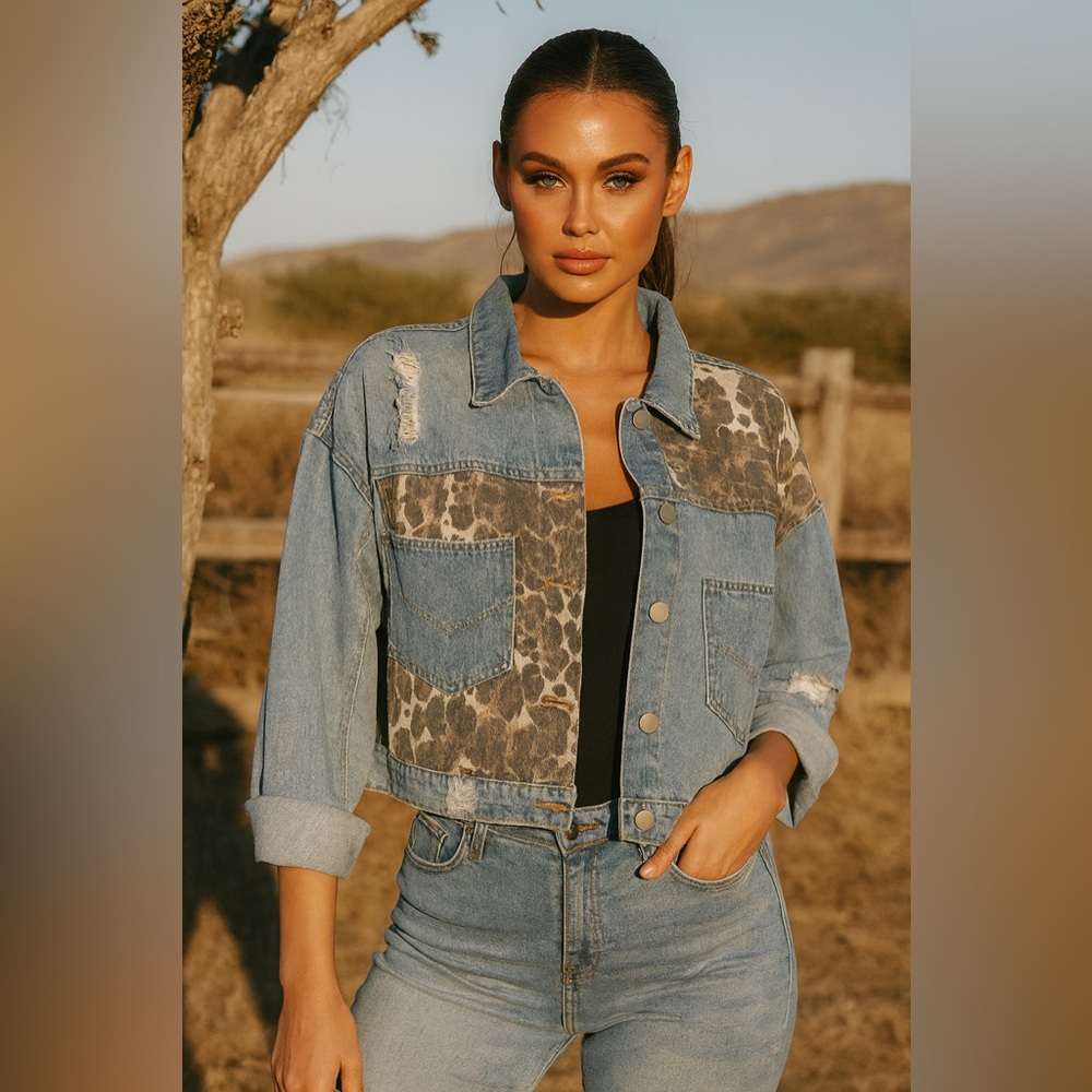 Leopard Patch Cropped Denim Jacket - Blue